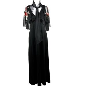 Black Whimsy Goth Maxi Dress Removable Floral Embroidered Cape Dark Fairy Sz S